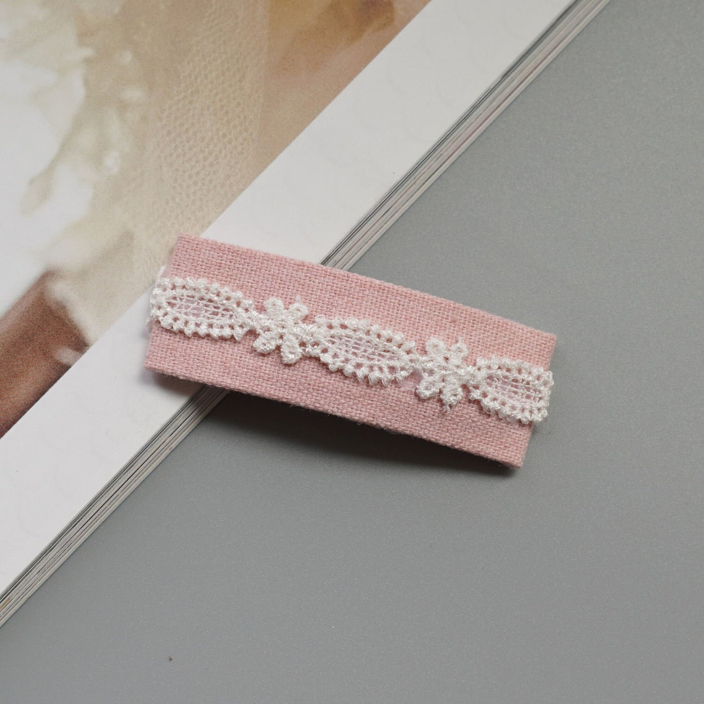 Lace Pink Ribbon Hair Clip Set, Handmade Snap Clip