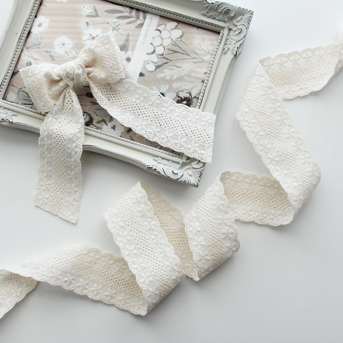 Natural Floral Embroidered Cotton Lace (Width 1.65in/4.2cm) x 5Yards