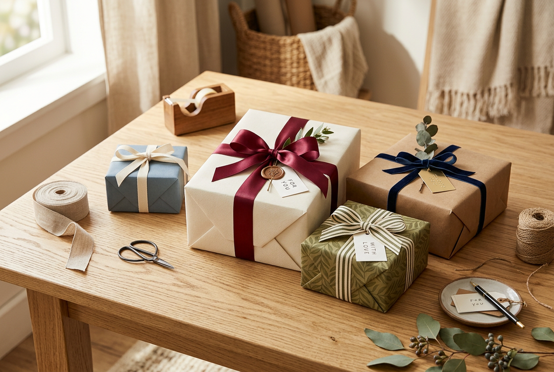 Wrapped gifts tied with satin and grosgrain ribbons in elegant bows