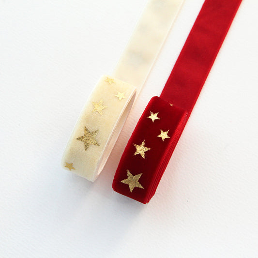 Velvet Ribbon with Gold Star 0.74inch (1.9cm) x 2/5/10Yards