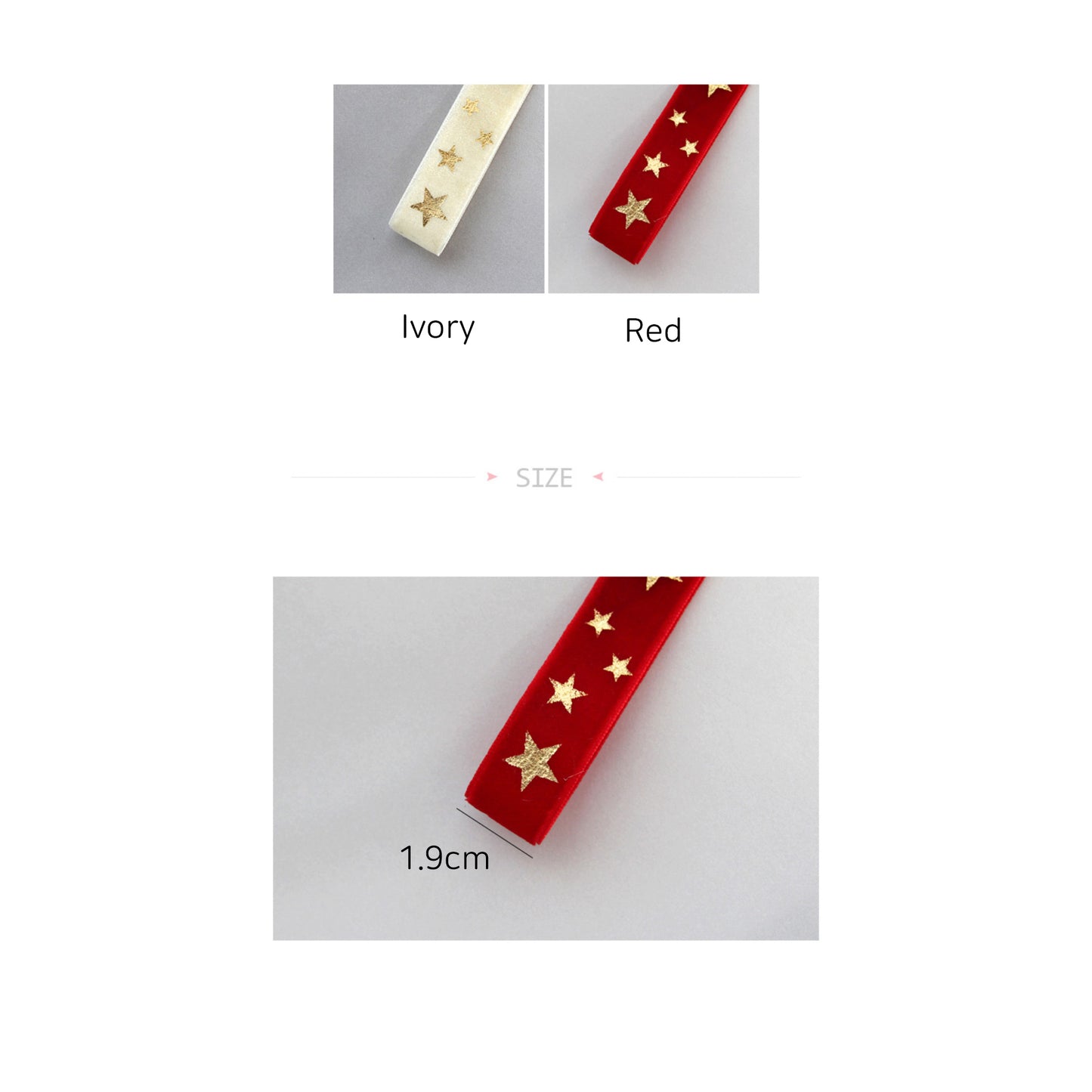 Velvet Ribbon with Gold Star 0.74inch (1.9cm) x 2/5/10Yards