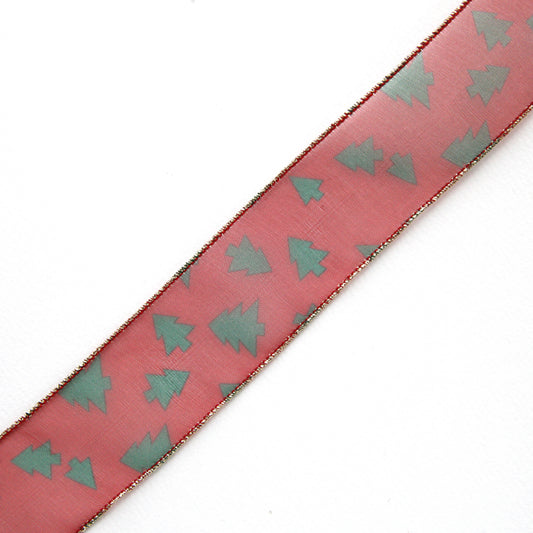 Tree Pattern Red Organdy Ribbon 1.45inch (3.7cm)x 2/5/10Yards