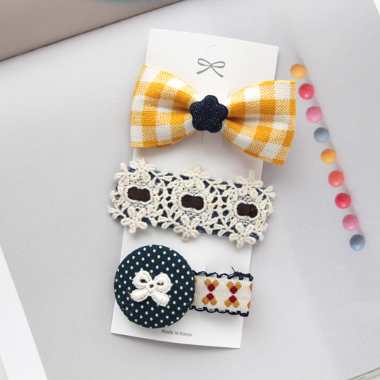 Yellow Check Ribbon Hairclip Set for Girls