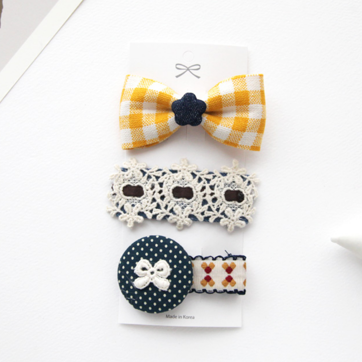 Yellow Check Ribbon Hairclip Set for Girls
