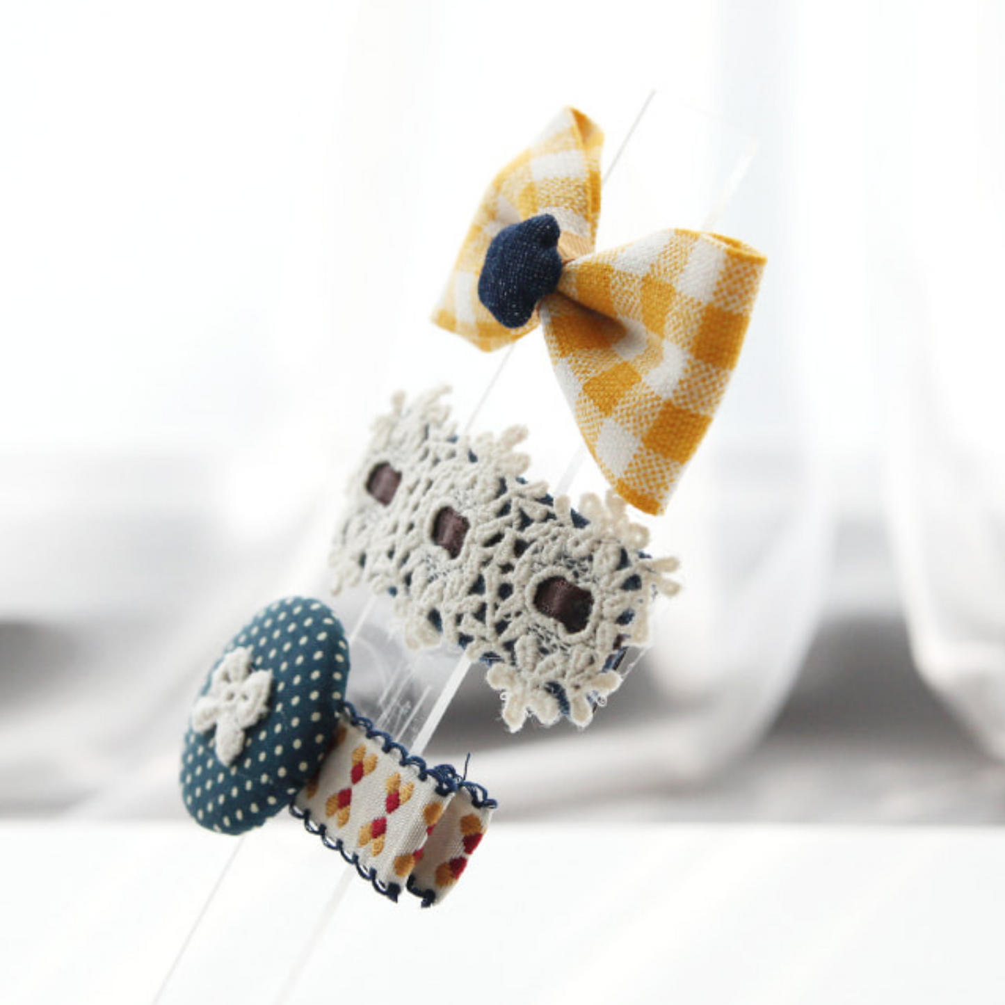 Yellow Check Ribbon Hairclip Set for Girls