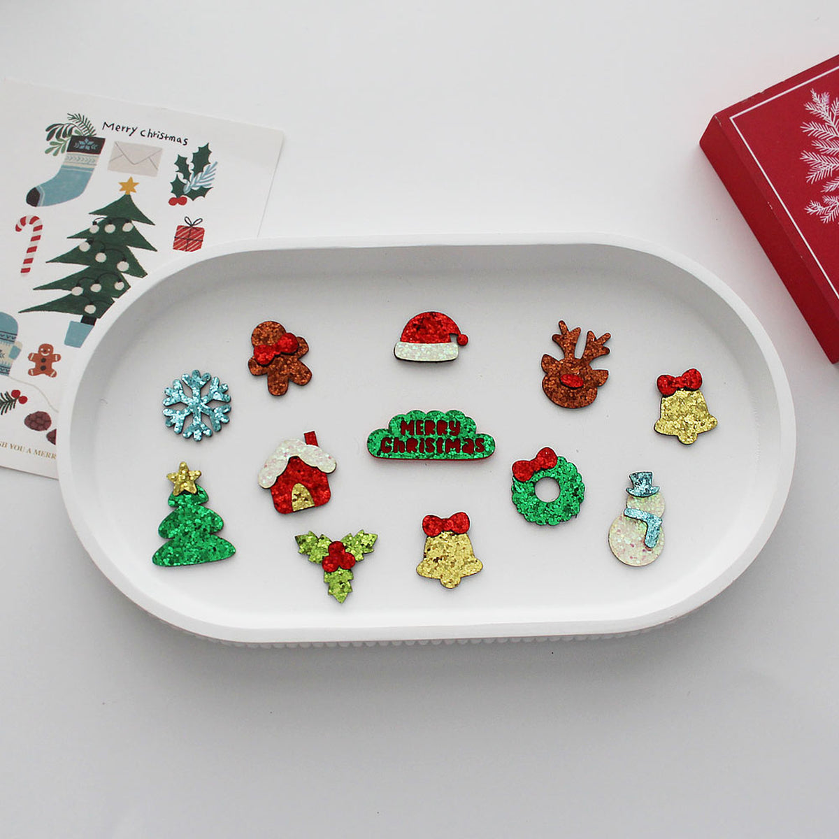 Holiday glitter appliques set including Christmas tree hat wreath and ornaments