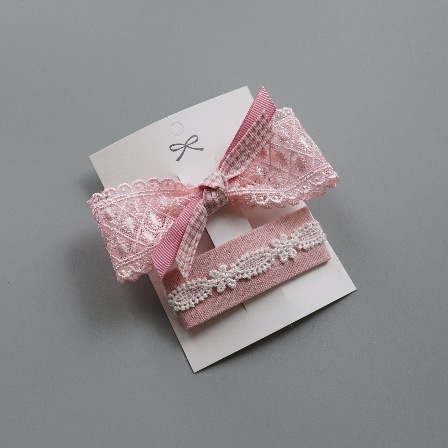 Lace Pink Ribbon Hair Clip Set, Handmade Snap Clip