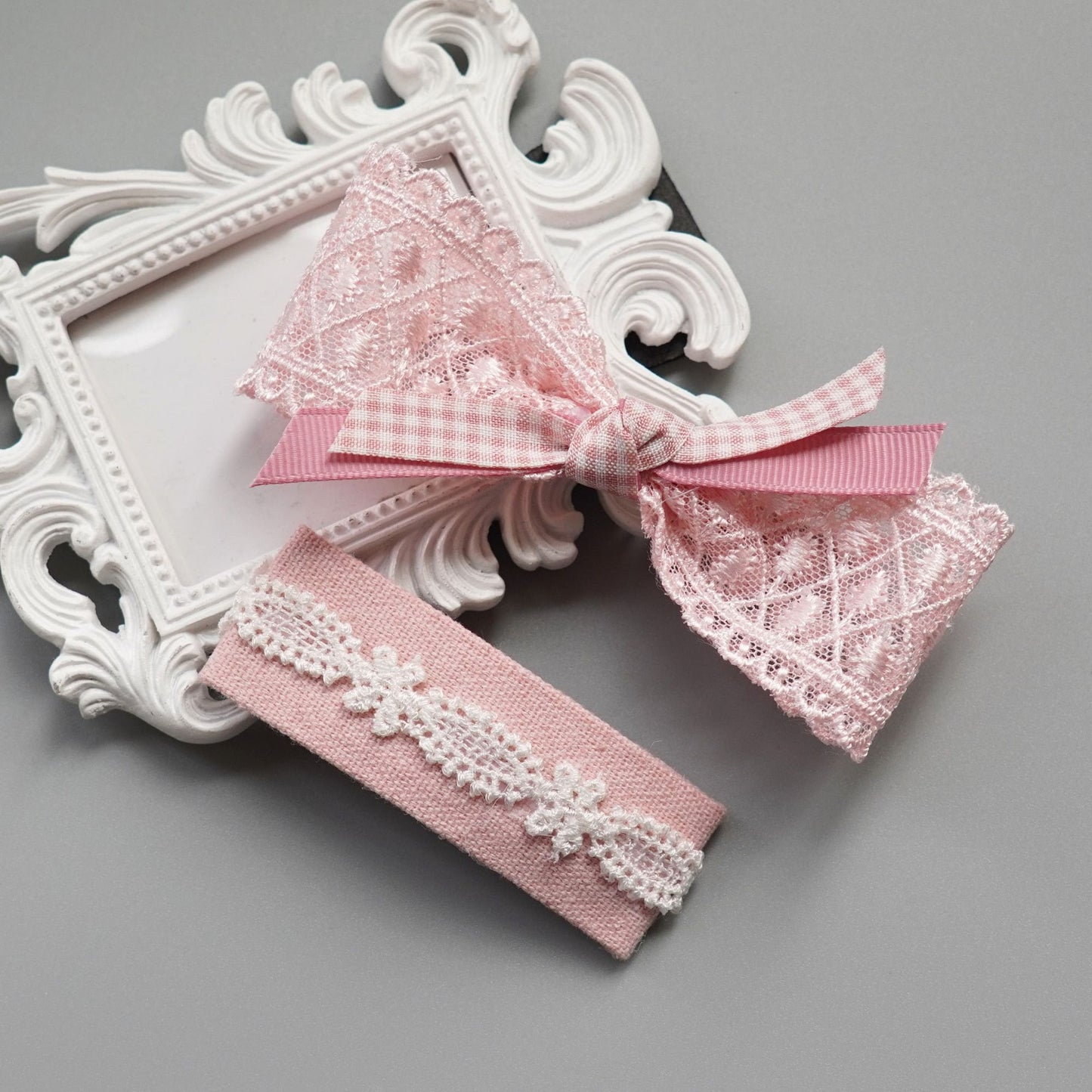 Lace Pink Ribbon Hair Clip Set, Handmade Snap Clip