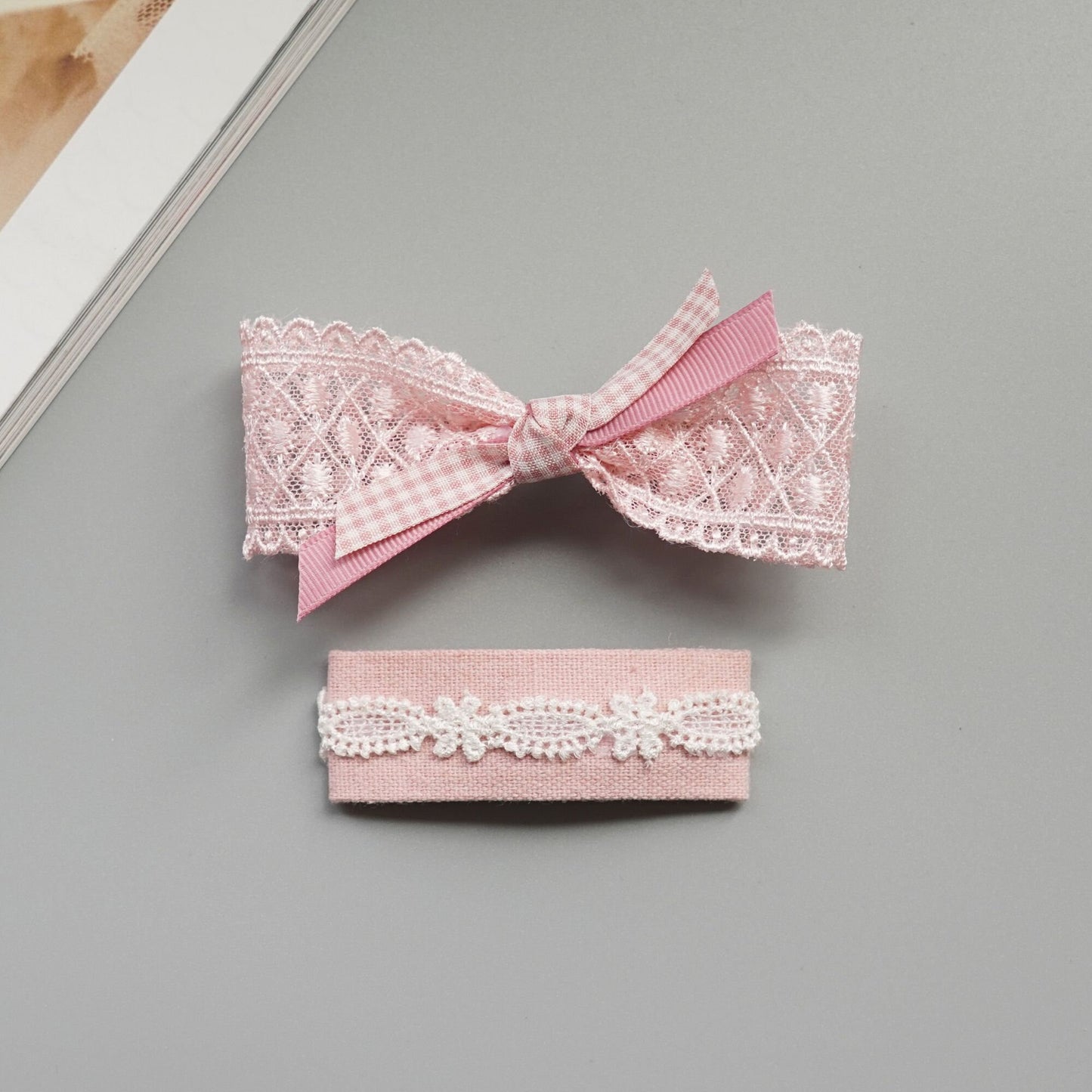 Lace Pink Ribbon Hair Clip Set, Handmade Snap Clip