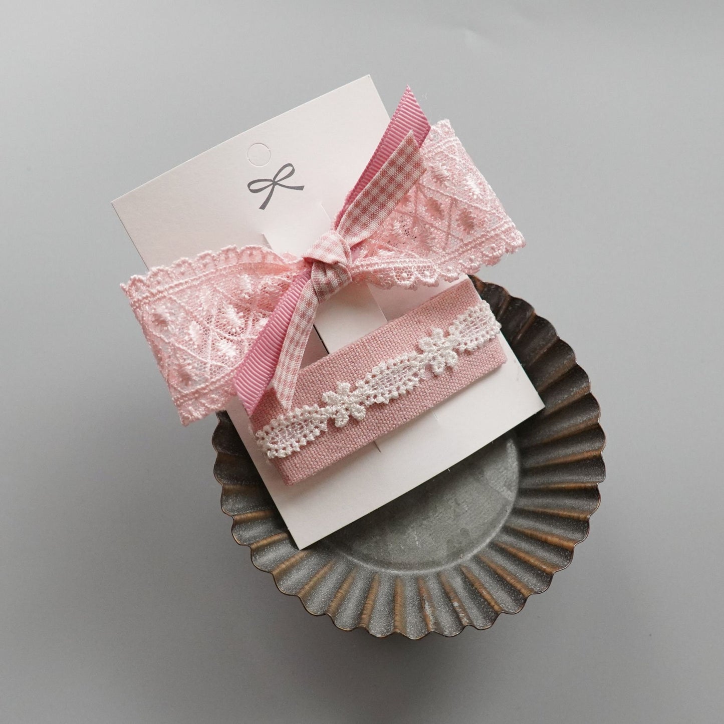 Lace Pink Ribbon Hair Clip Set, Handmade Snap Clip