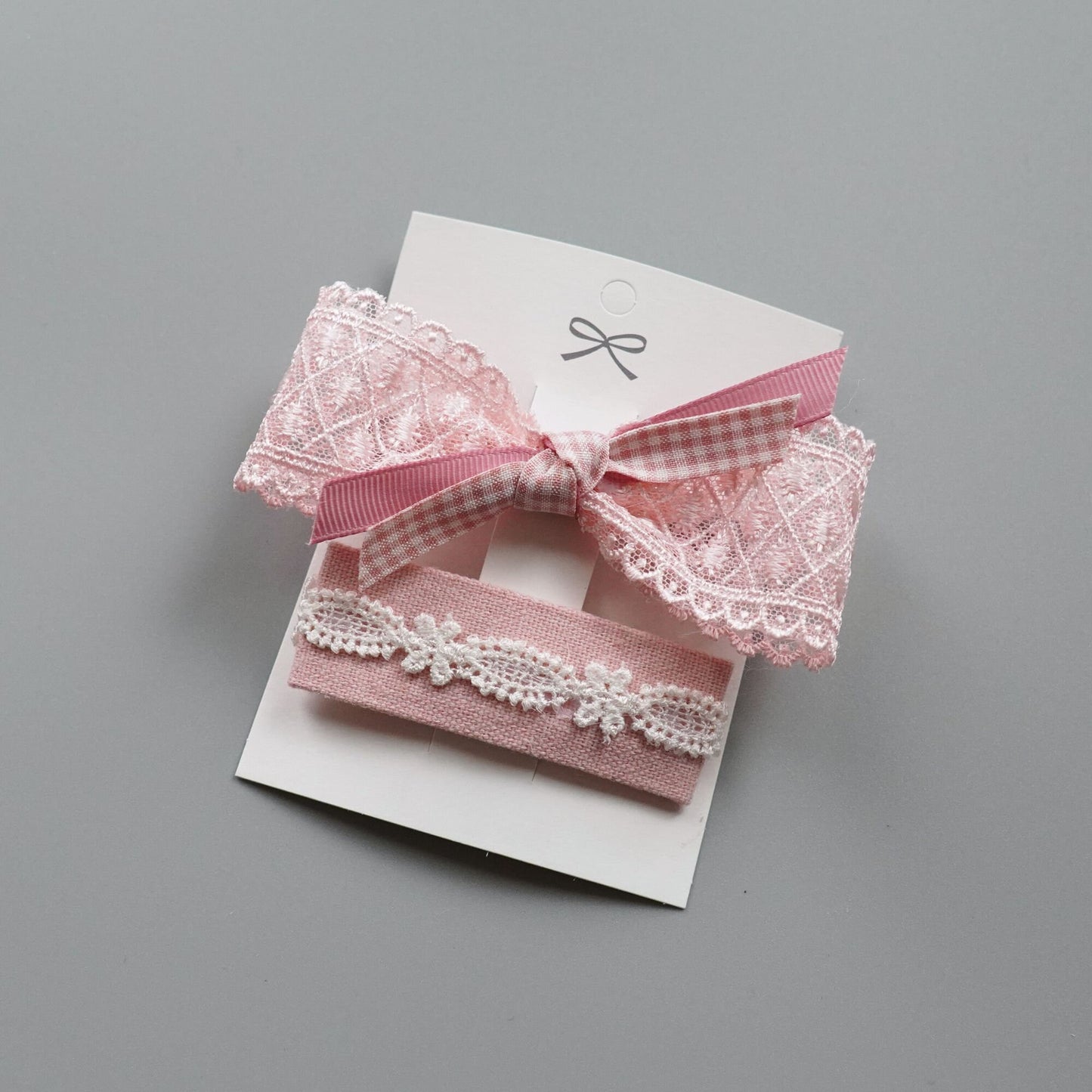 Lace Pink Ribbon Hair Clip Set, Handmade Snap Clip