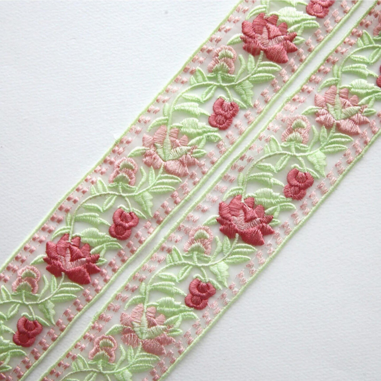 Pink Floral Embroidered Lace Trim 1.88 inch Width (4.8cm) x 5/10Yards
