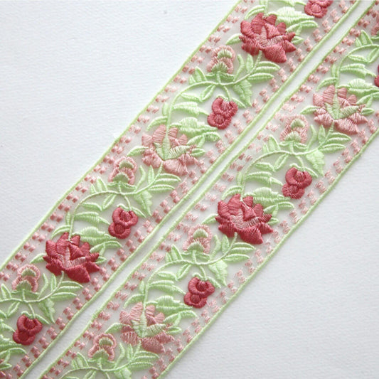 Pink Floral Embroidered Lace Trim 1.88 inch Width (4.8cm) x 5/10Yards