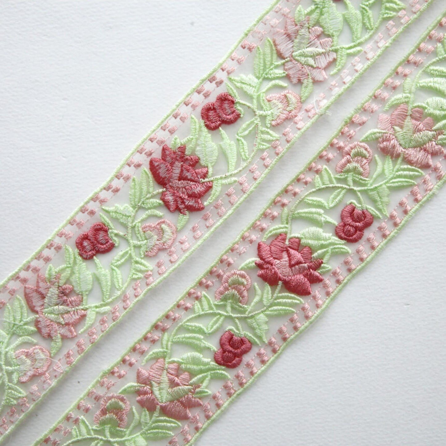 Pink Floral Embroidered Lace Trim 1.88 inch Width (4.8cm) x 5/10Yards