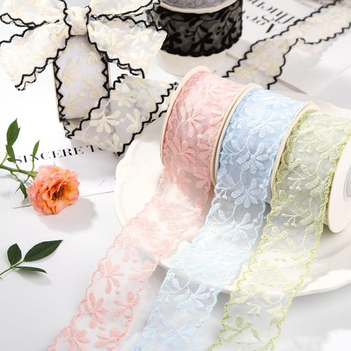 Floral Embroidery Lace Ribbon width 1.5inch (3.8cm)  x 2Yards