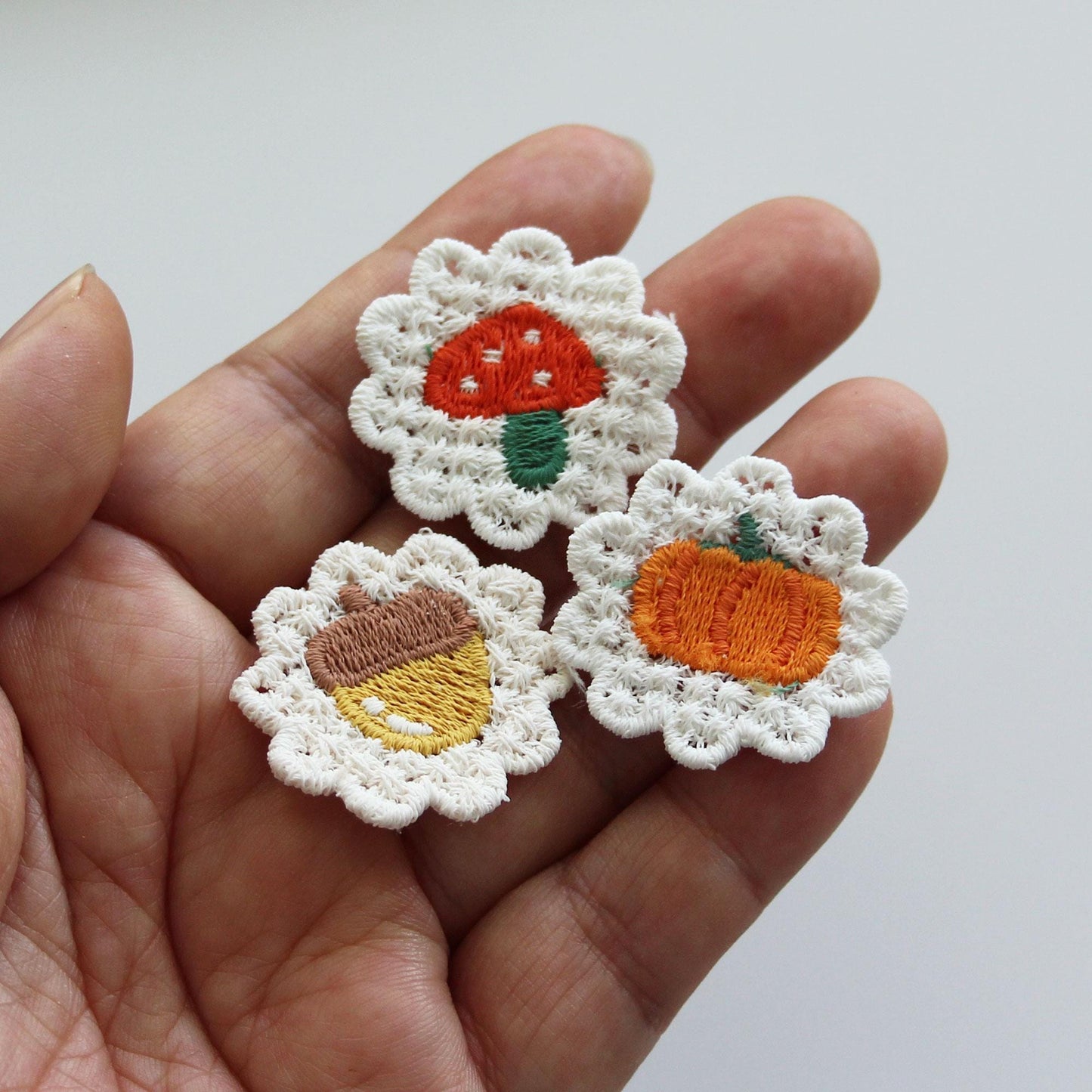 Mushroom, Acorn & Pumpkin Embroidered Knit Patch 4pcs