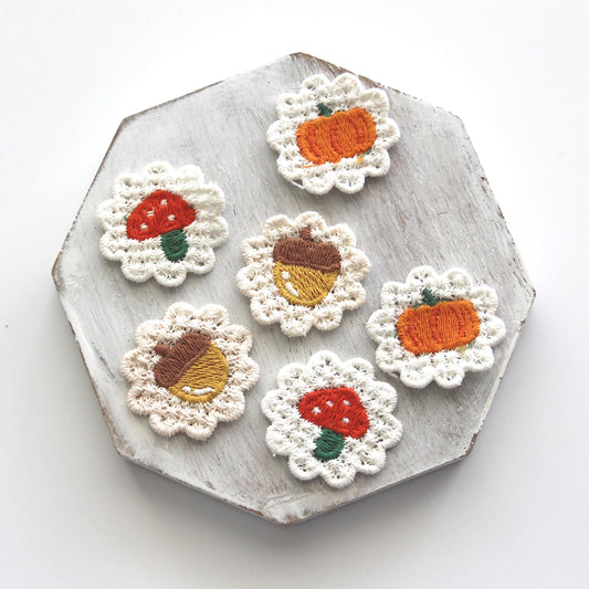 Mushroom, Acorn & Pumpkin Embroidered Knit Patch 4pcs