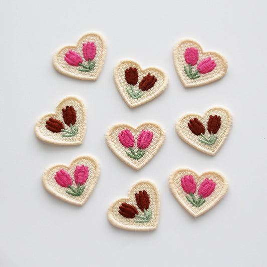Heart Tulip Embroidered Patch, Mini Floral Heart Applique for DIY Crafts 4pcs