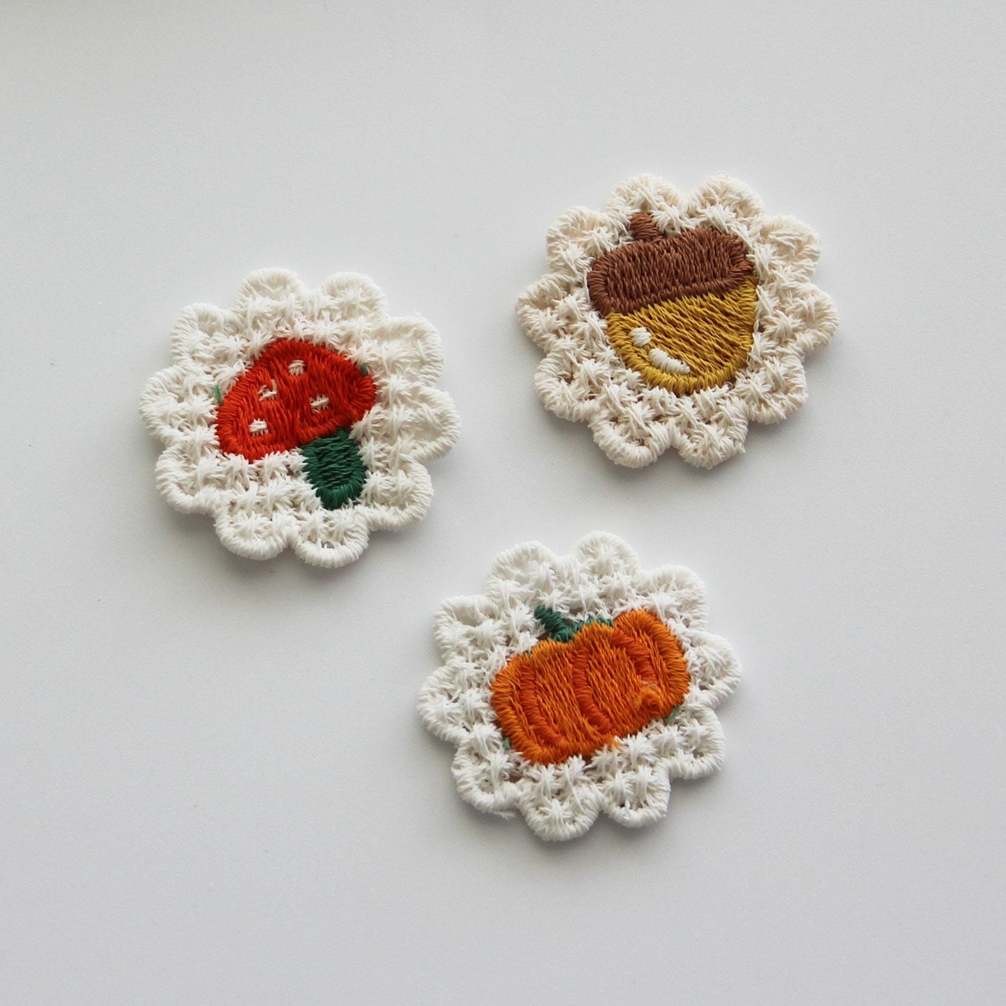 Mushroom, Acorn & Pumpkin Embroidered Knit Patch 4pcs
