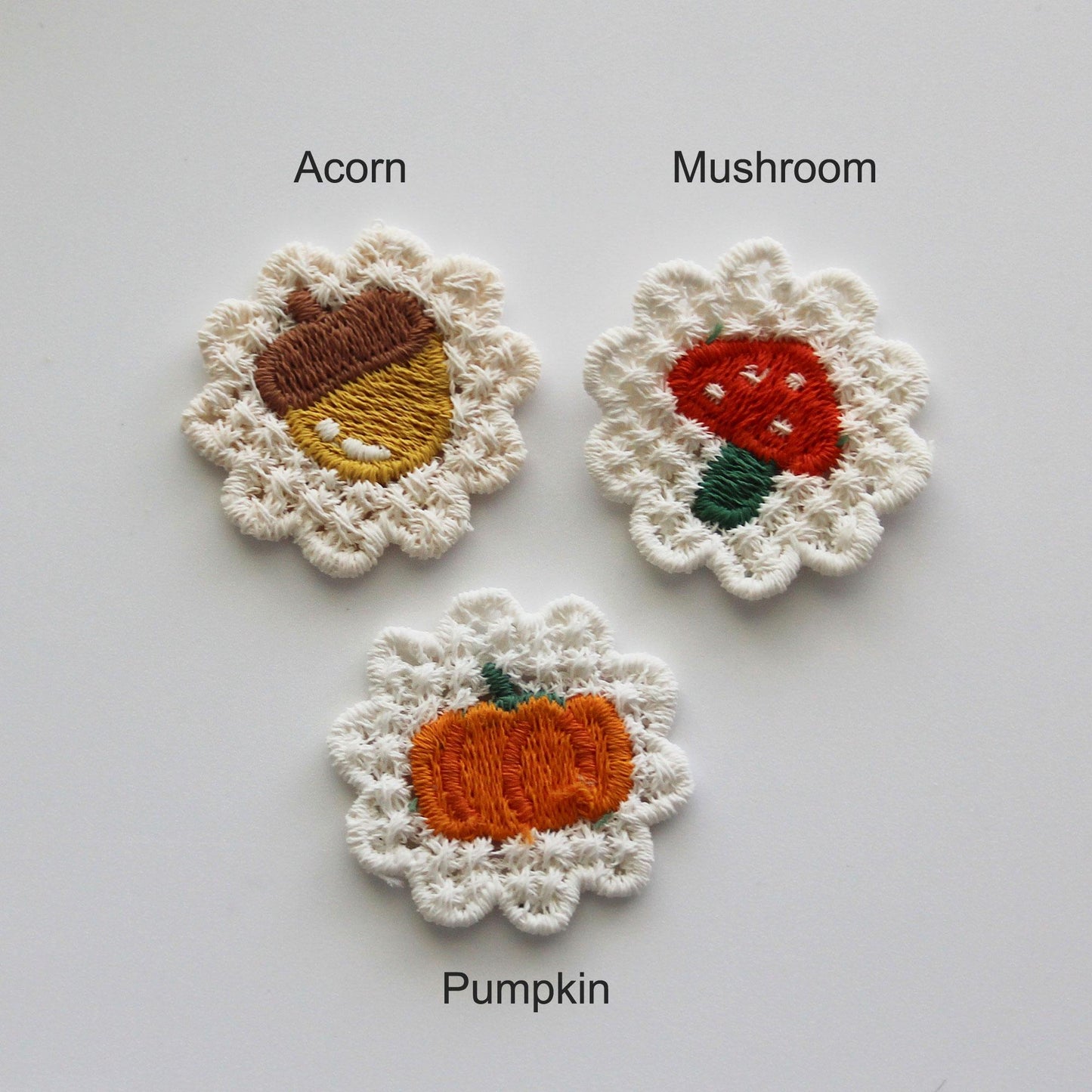 Mushroom, Acorn & Pumpkin Embroidered Knit Patch 4pcs