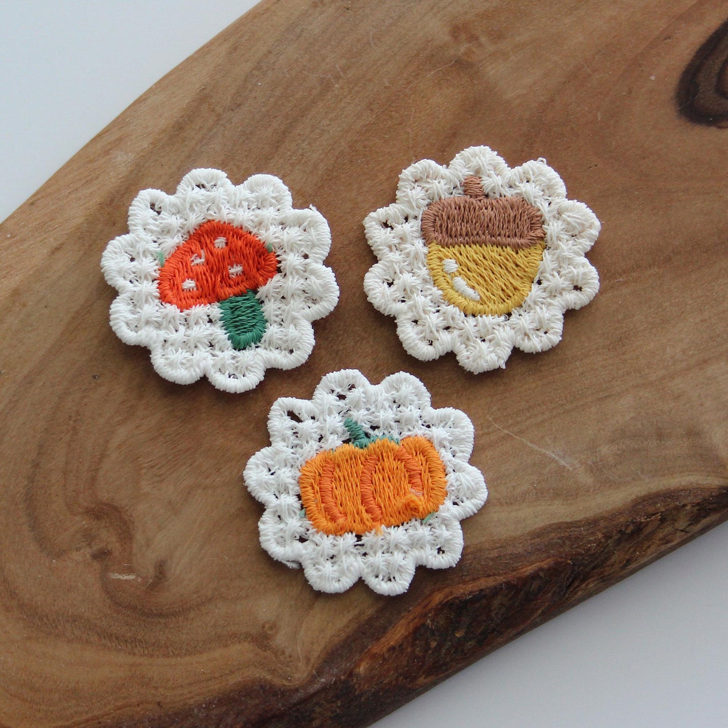 Mushroom, Acorn & Pumpkin Embroidered Knit Patch 4pcs