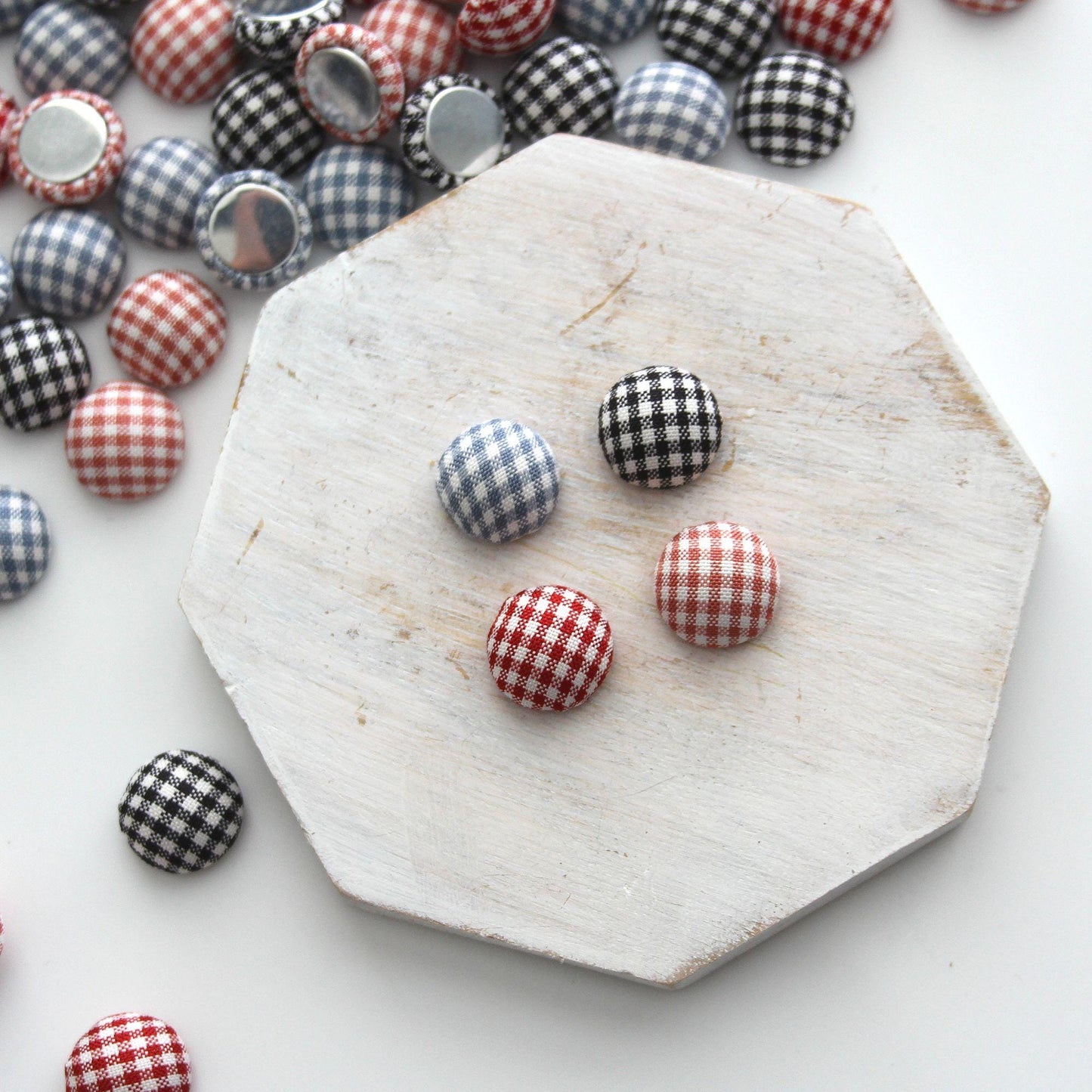 Gingham Fabric Flat-Back Covered Button 4pcs