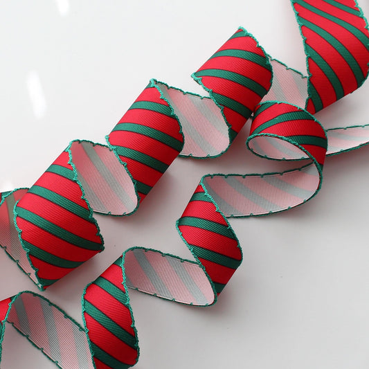 Christmas Diagonal Stripe Scalloped Edge Ribbon  1.1"/ 1.57in x 2Yards