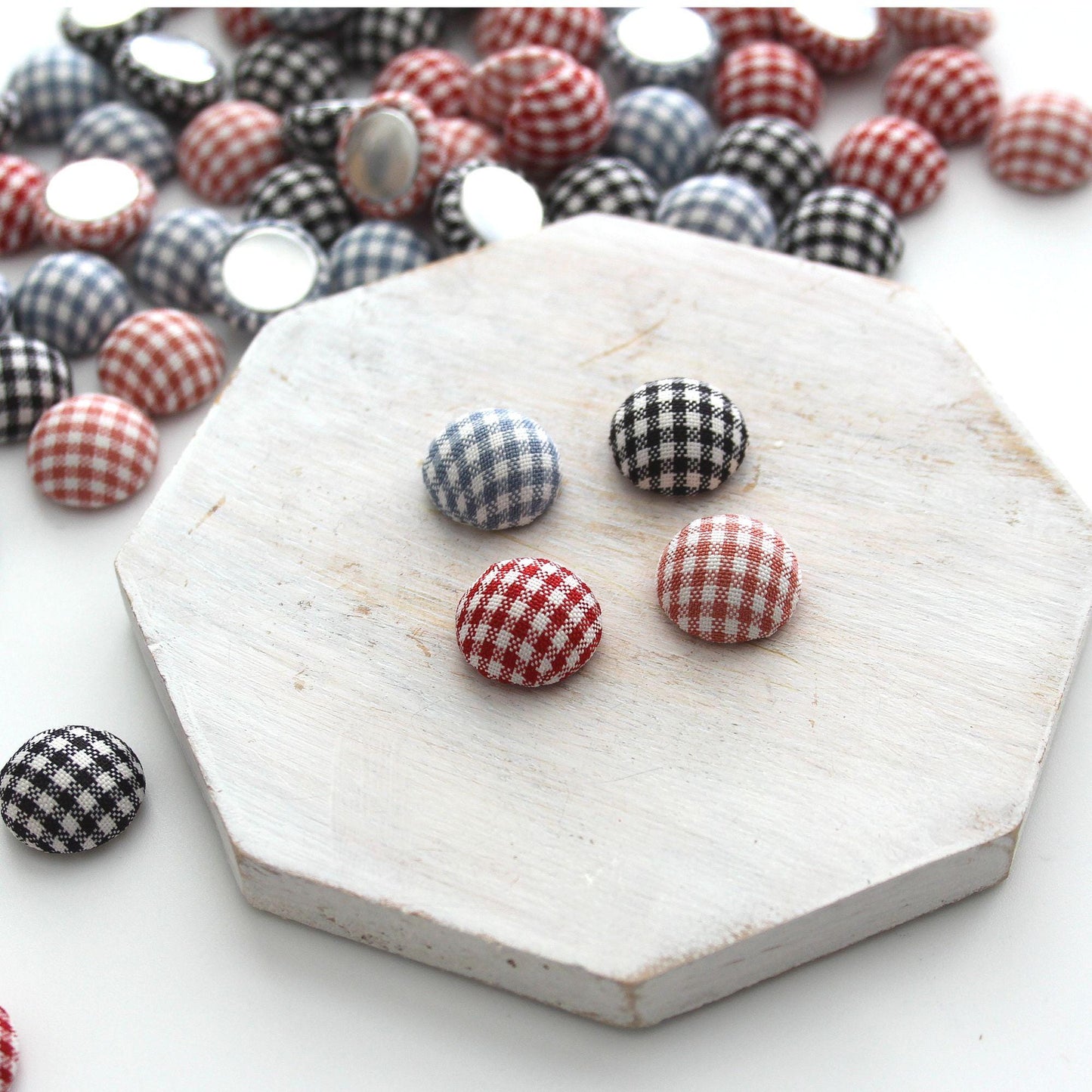 Gingham Fabric Flat-Back Covered Button 4pcs