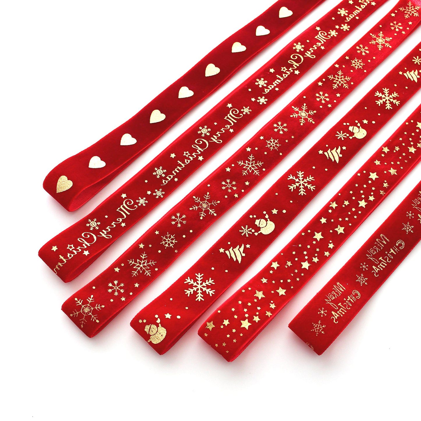 Red Velvet Christmas Ribbon | Gold Foil Holiday Ribbon  1in x 2Yards