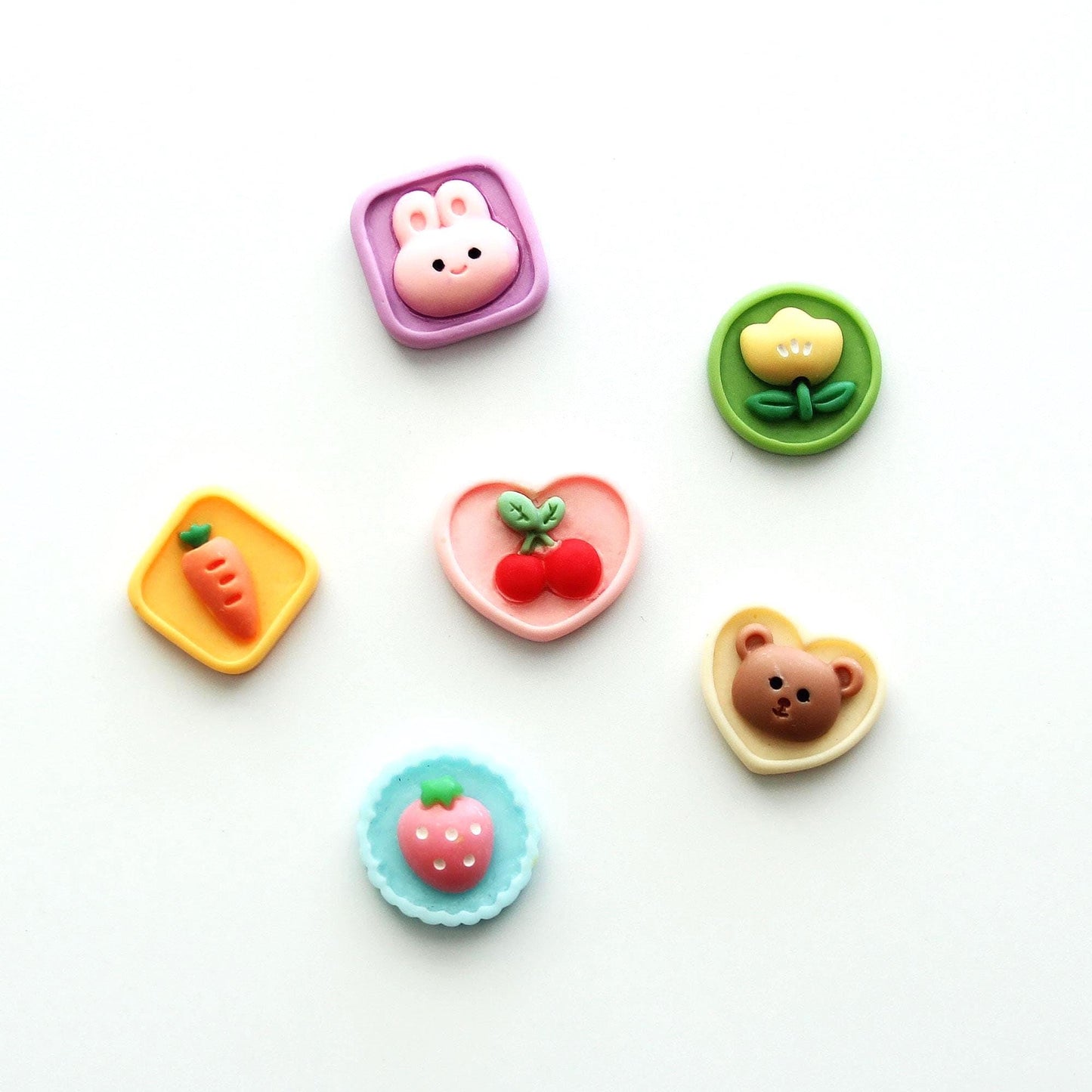 Resin Pastel Flat Back Cabochons Embellishments, Cherry, Strawberry, Bunny, Bear, Flower, Carrot 2pcs
