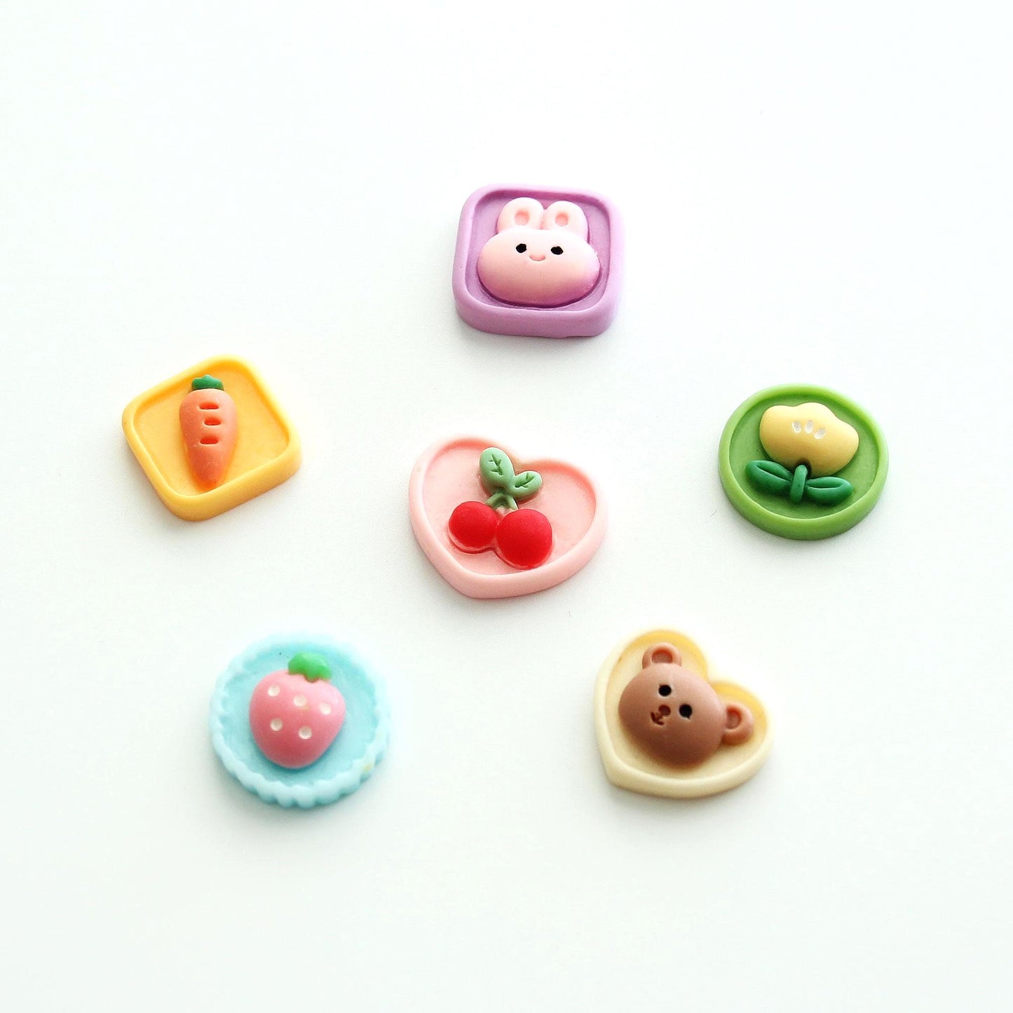 Resin Pastel Flat Back Cabochons Embellishments, Cherry, Strawberry, Bunny, Bear, Flower, Carrot 2pcs