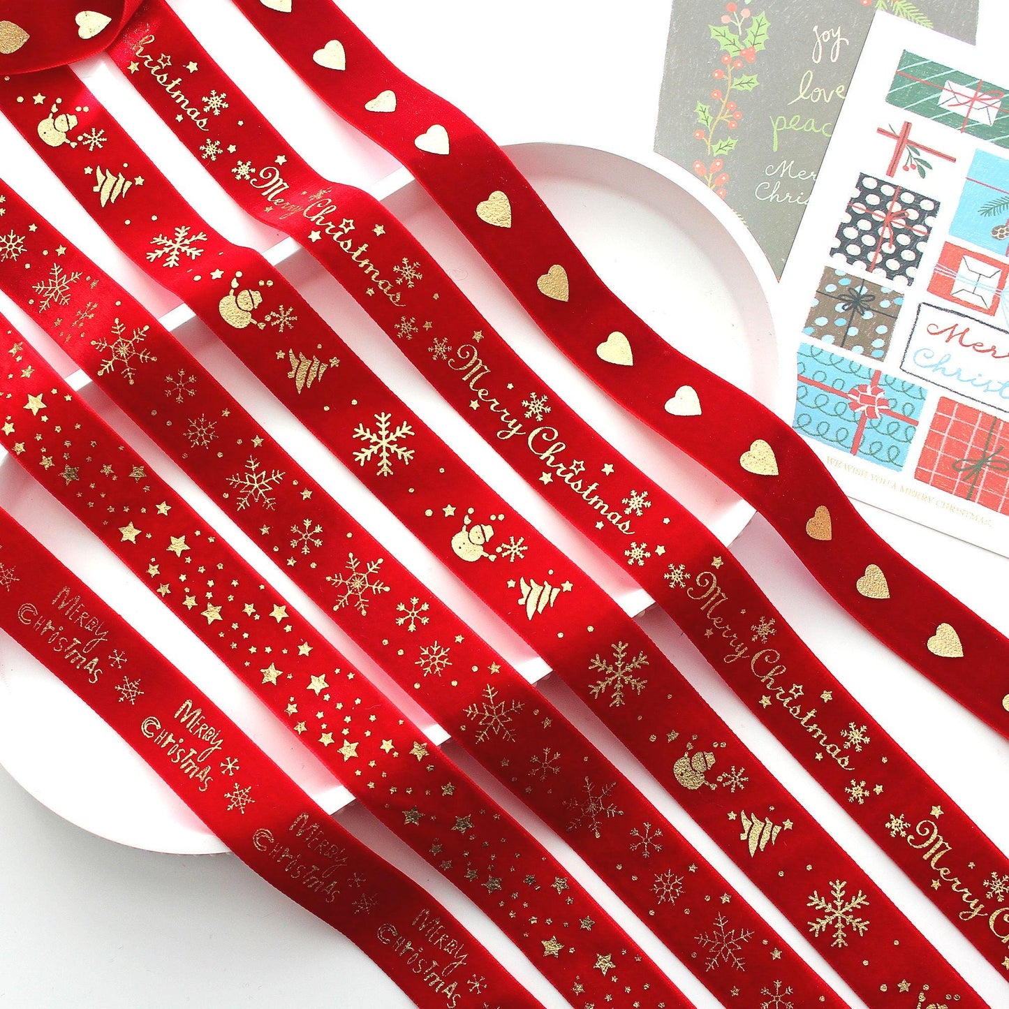 Red Velvet Christmas Ribbon | Gold Foil Holiday Ribbon  1in x 2Yards