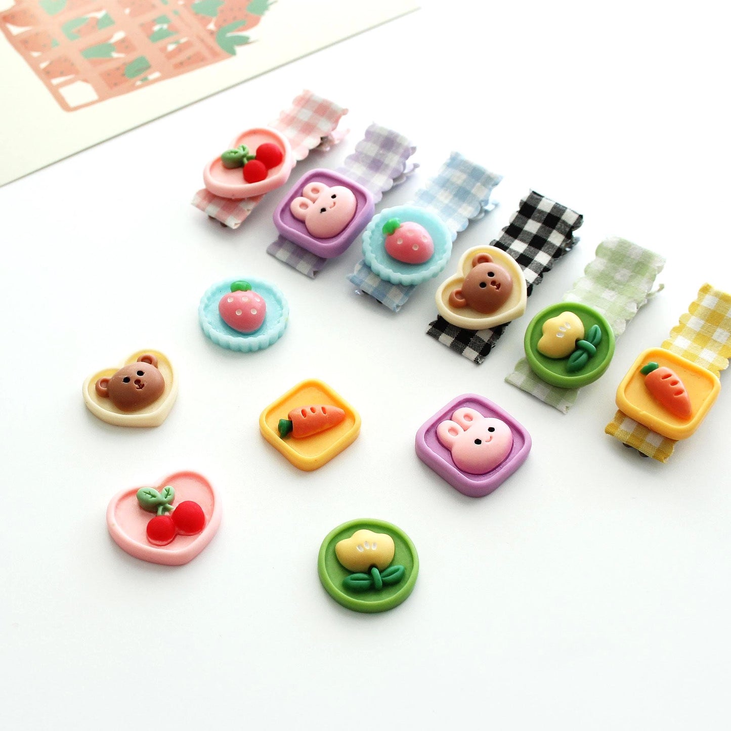 Resin Pastel Flat Back Cabochons Embellishments, Cherry, Strawberry, Bunny, Bear, Flower, Carrot 2pcs