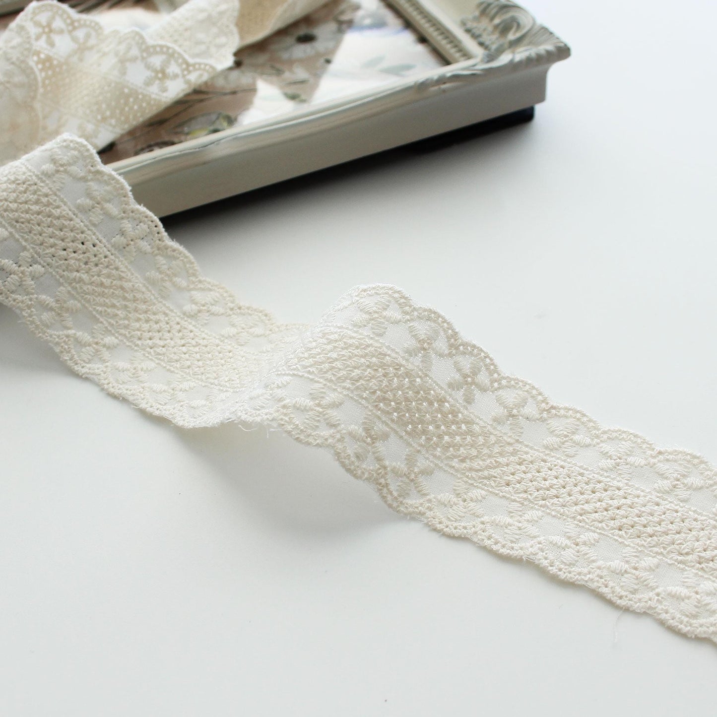 Natural Floral Embroidered Cotton Lace (Width 1.65in/4.2cm) x 5Yards