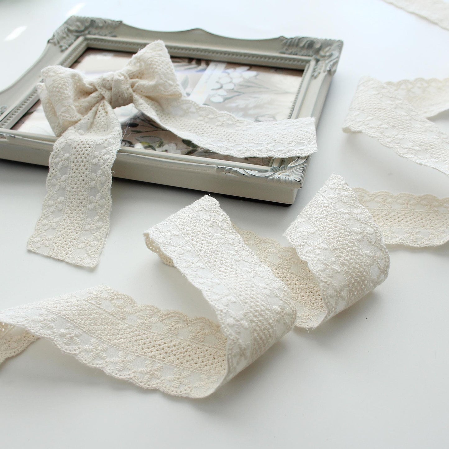 Natural Floral Embroidered Cotton Lace (Width 1.65in/4.2cm) x 5Yards