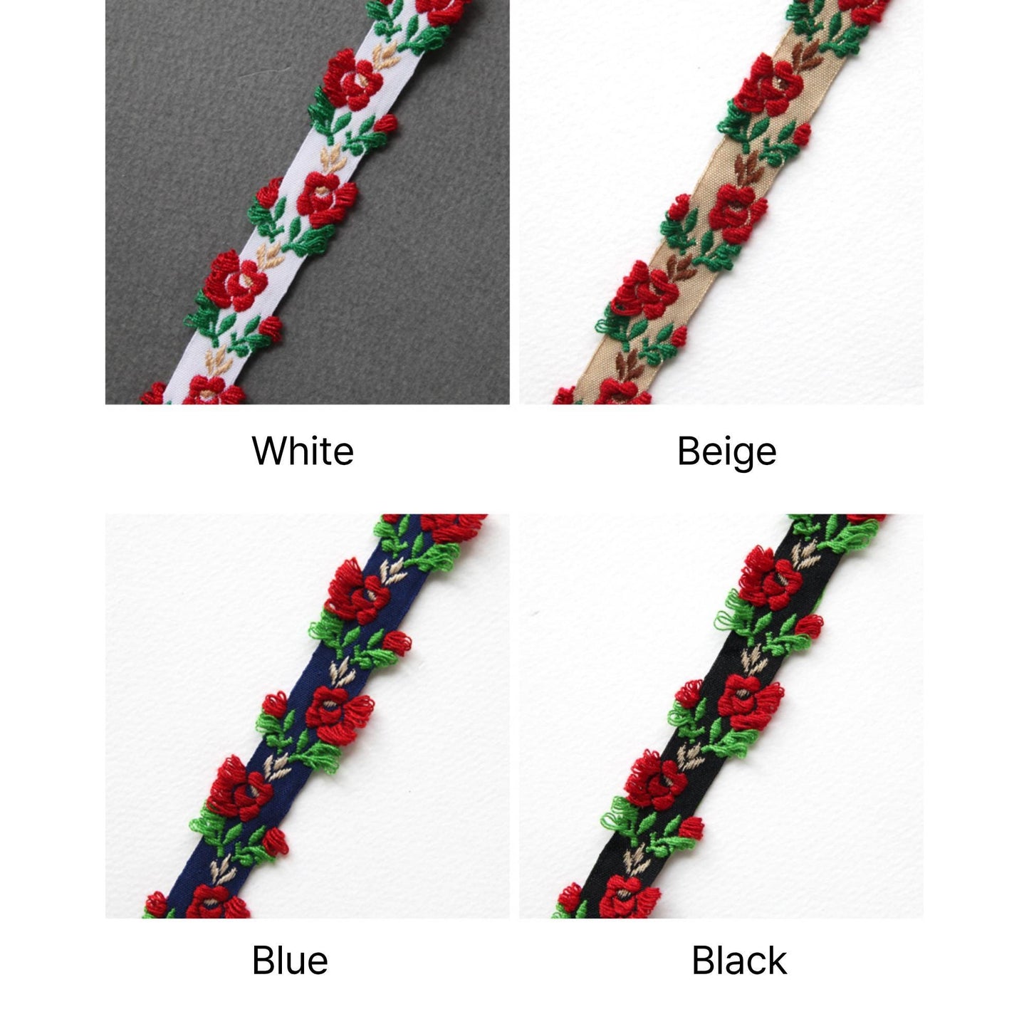 Floral Embroidered Ribbon Trim, Rose Lace Ribbon 0.55in x 2Yards