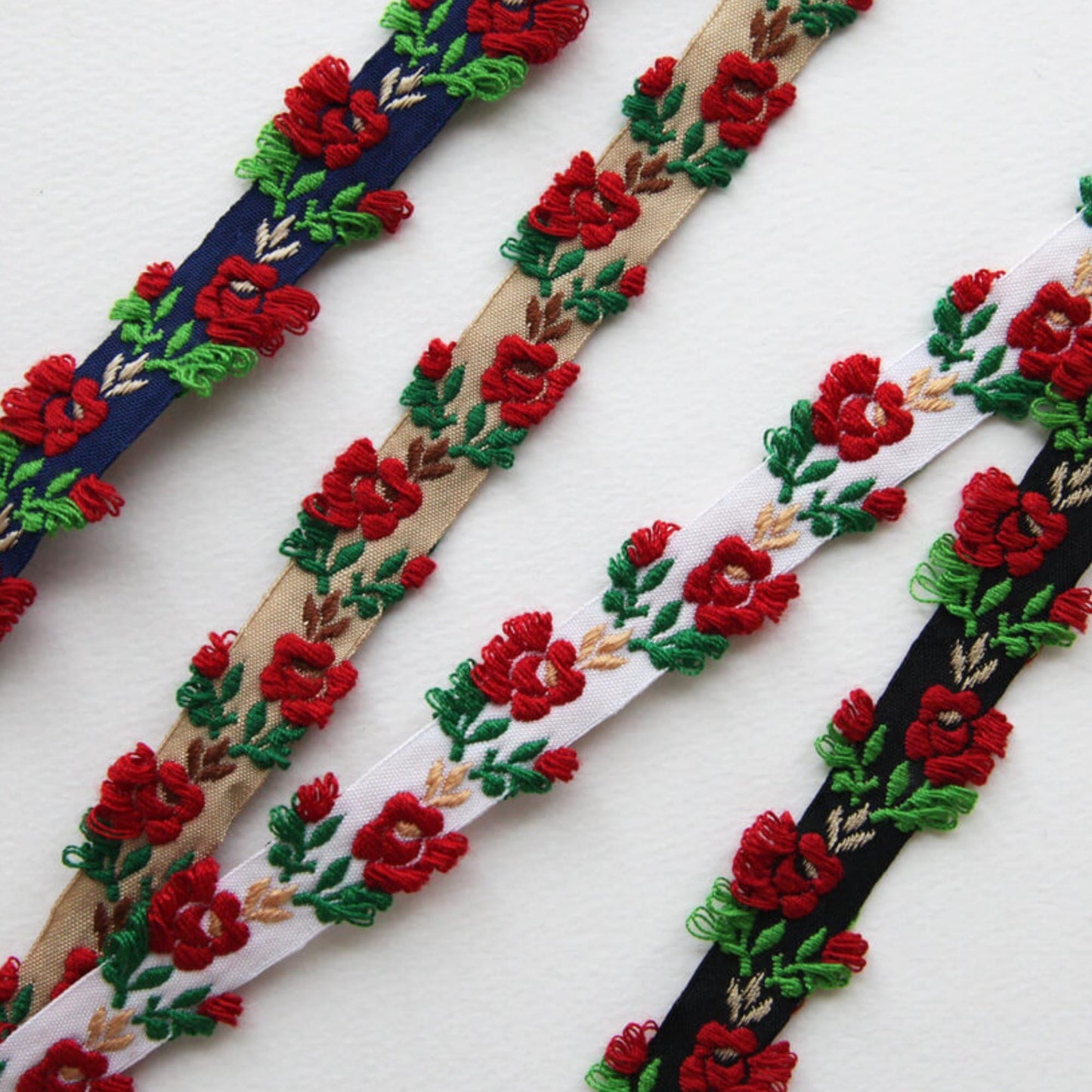 Floral Embroidered Ribbon Trim, Rose Lace Ribbon 0.55in x 2Yards