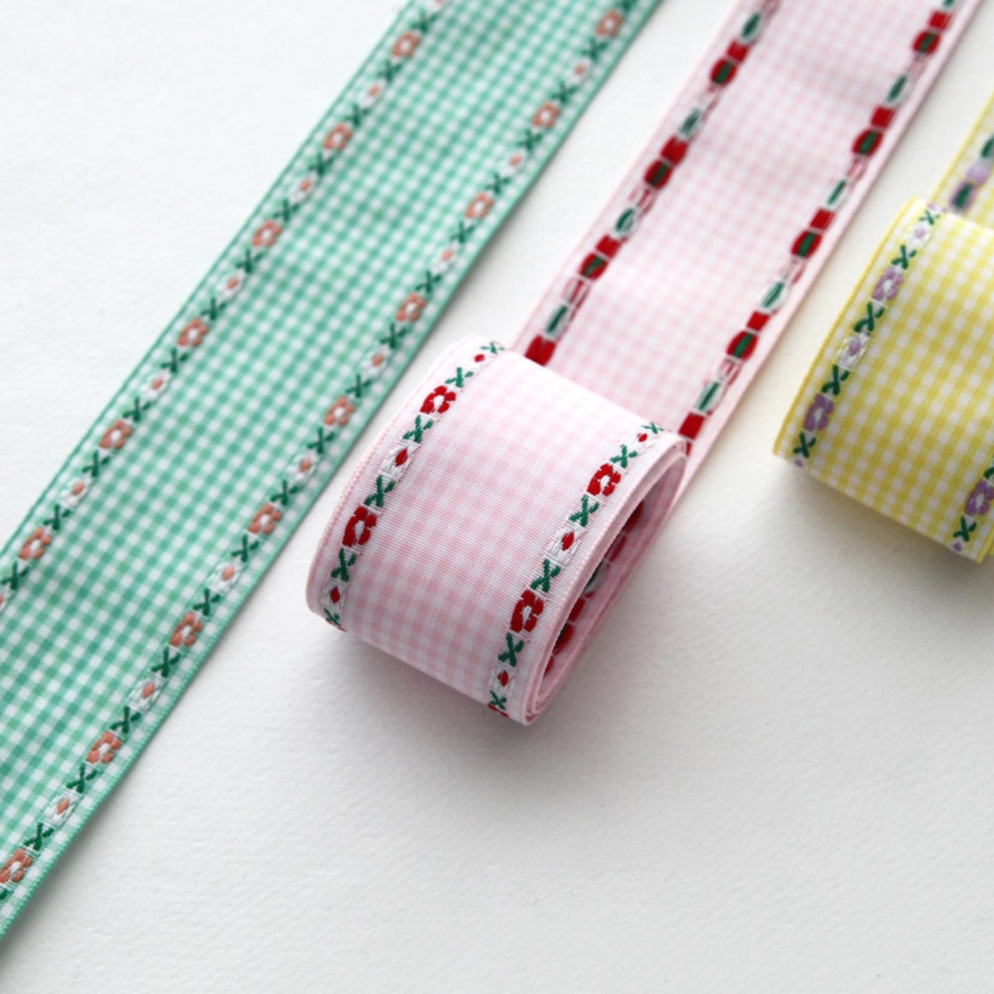 Gingham Ribbon with Floral Edge, Embroidered Check Ribbon 1.57 Inch, 5 Yards