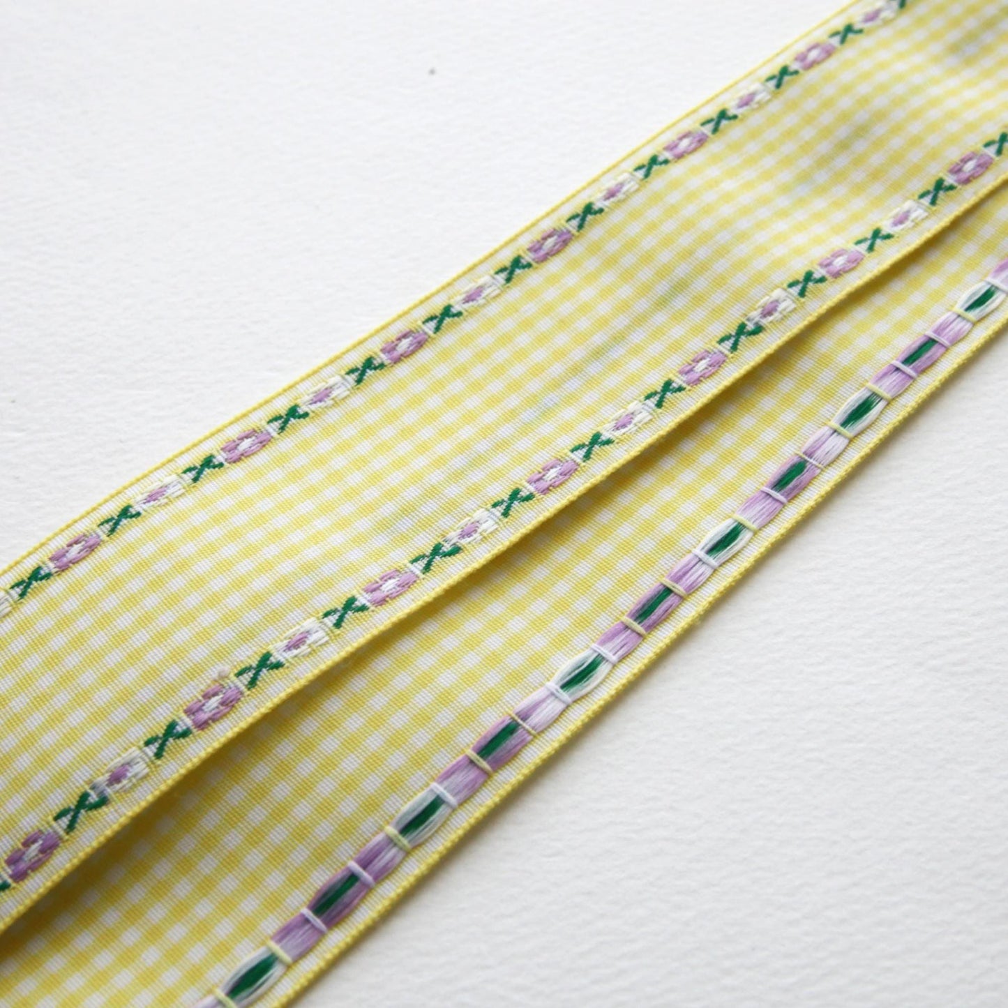 Gingham Ribbon with Floral Edge, Embroidered Check Ribbon 1.57 Inch, 5 Yards