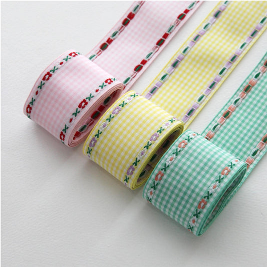 Gingham Ribbon with Floral Edge, Embroidered Check Ribbon 1.57 Inch, 5 Yards