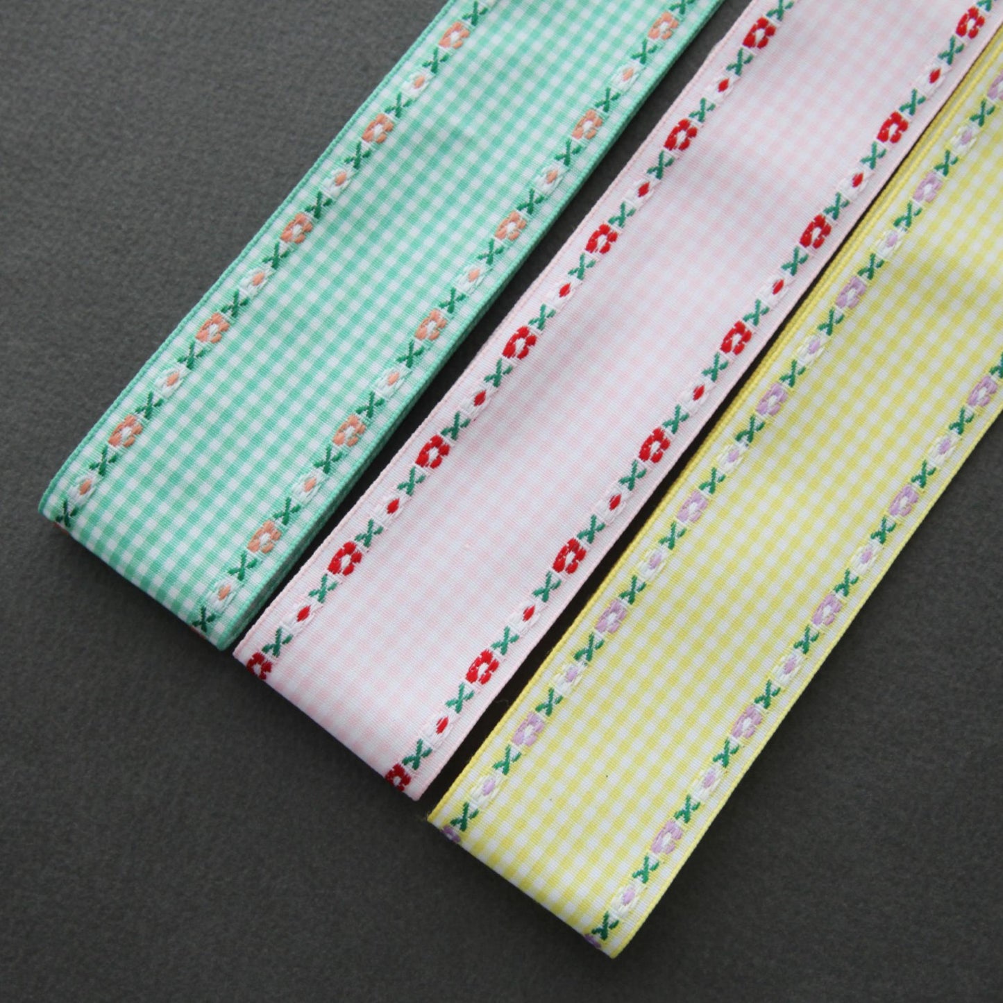 Gingham Ribbon with Floral Edge, Embroidered Check Ribbon 1.57 Inch, 5 Yards