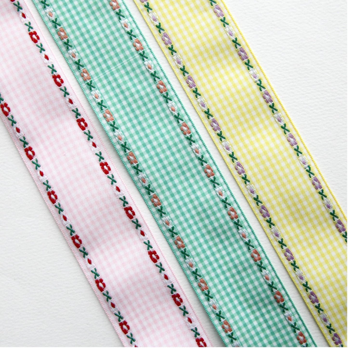 Gingham Ribbon with Floral Edge, Embroidered Check Ribbon 1.57 Inch, 5 Yards