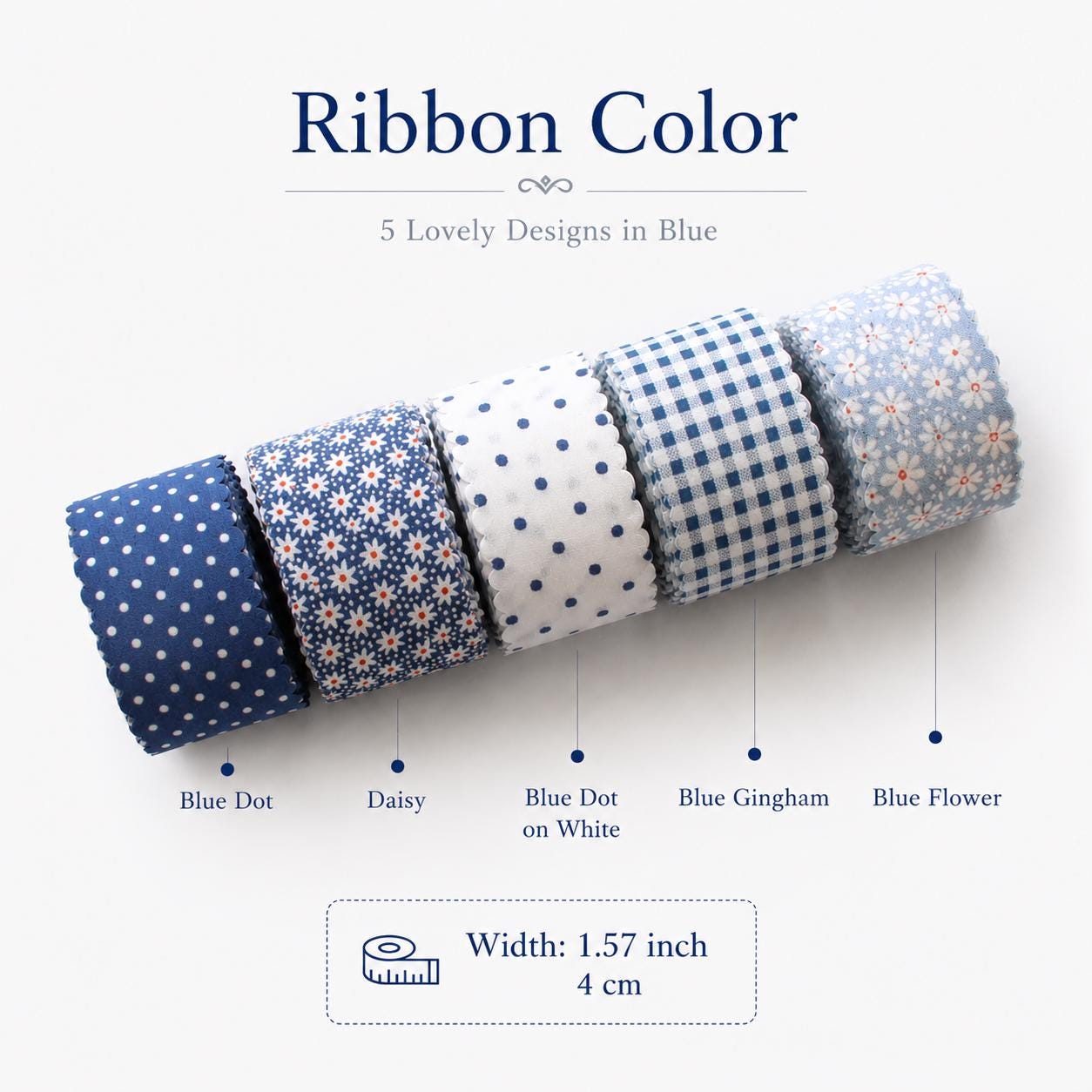 Charming Blue-Themed ribbons, Hair Bow Supply, Gift Wrapping, Craft Material, 1.57 Inch (4cm), 5 Yards