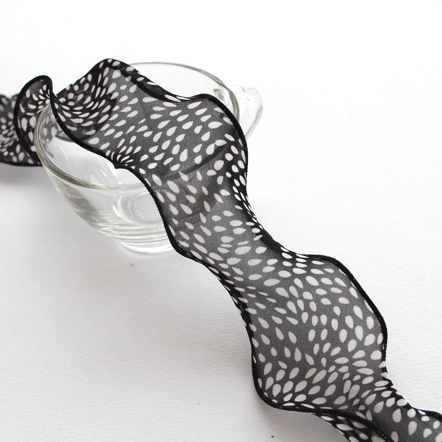 Black Chiffon Ribbon with White Leaf Pattern 5 Yards