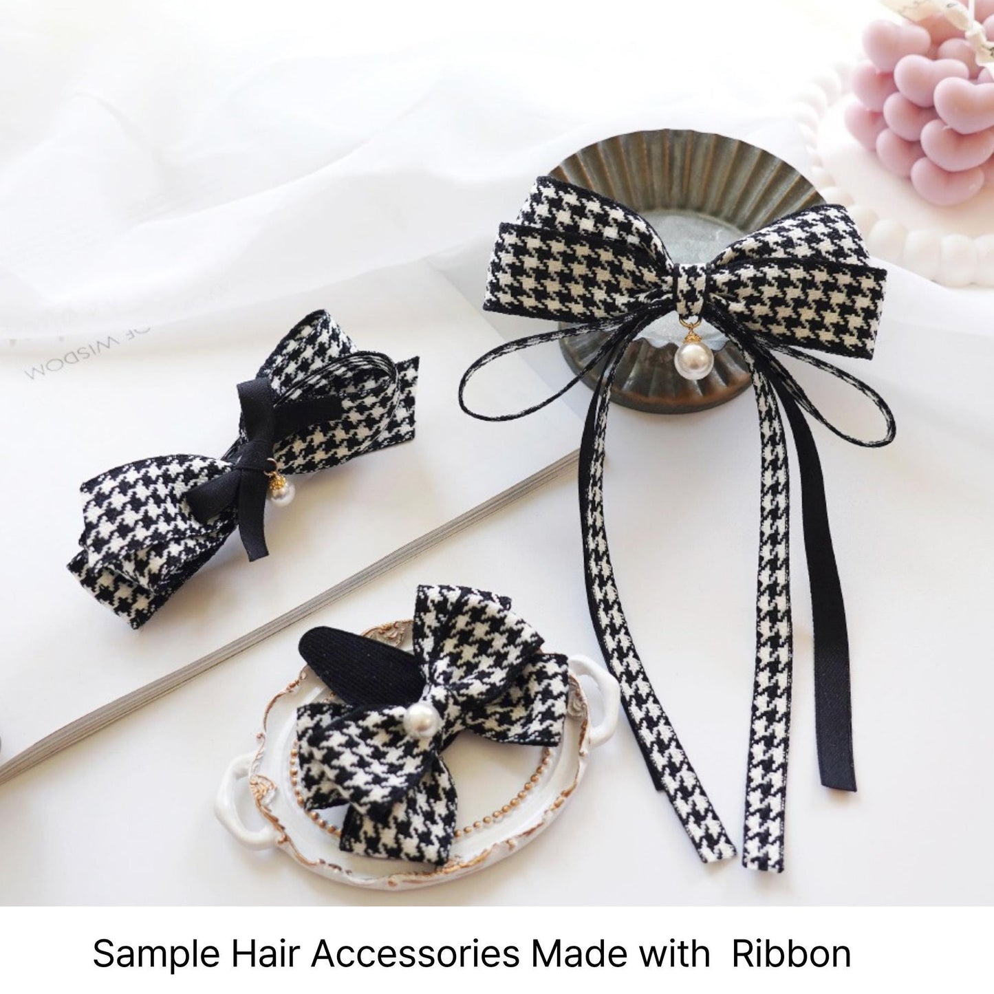 Houndstooth Jacquard Ribbon, Black White Woven Trim, Hair Bow Crafting Supplies 5Yards