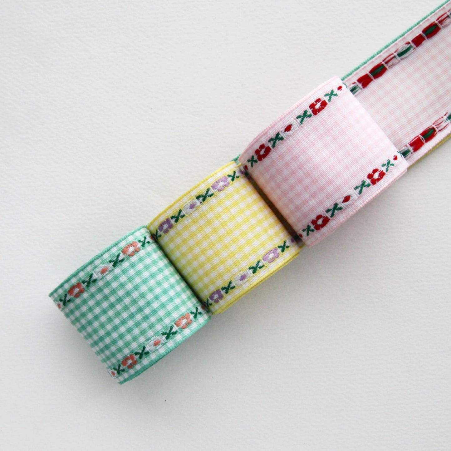 Gingham Ribbon with Floral Edge, Embroidered Check Ribbon 1.57 Inch, 5 Yards