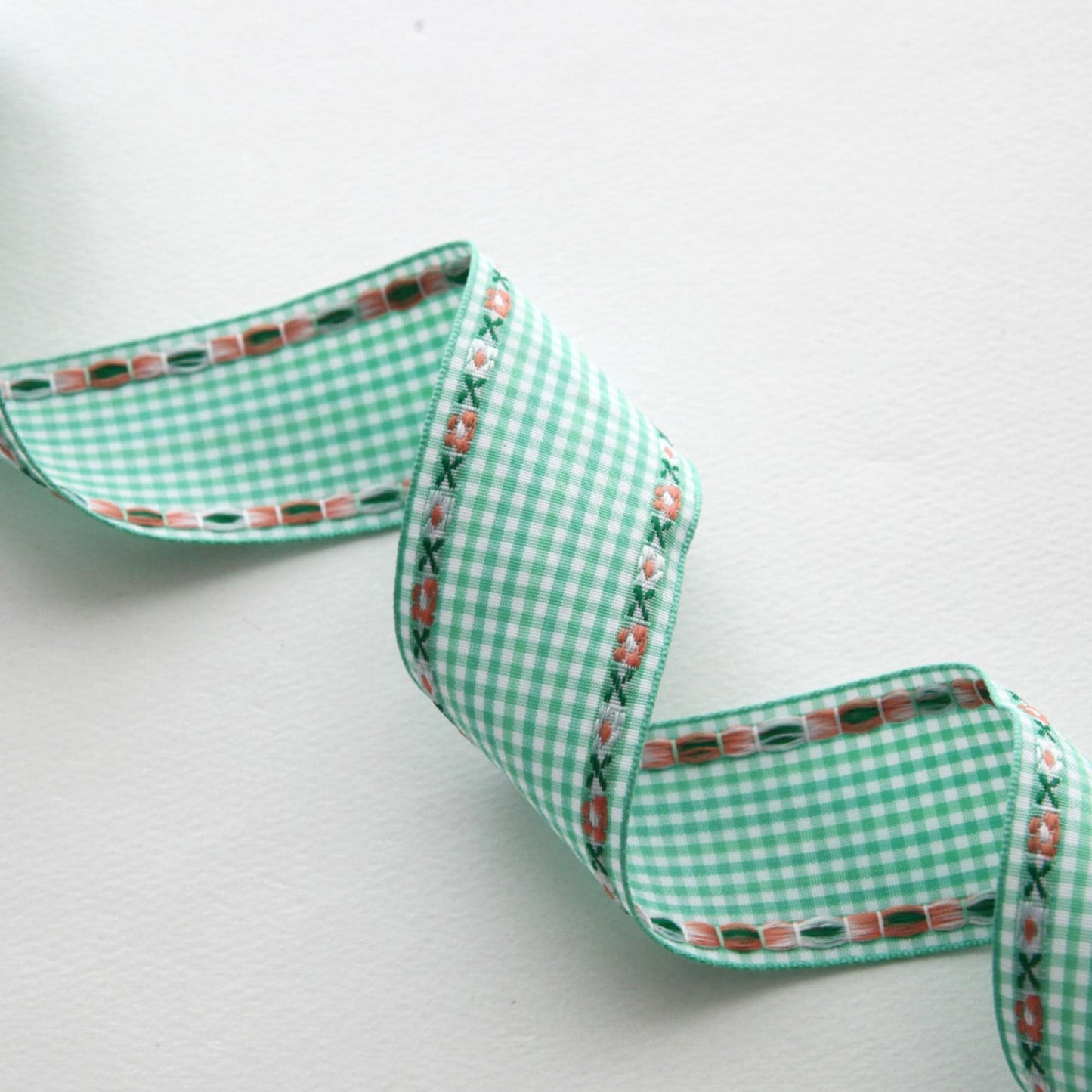 Gingham Ribbon with Floral Edge, Embroidered Check Ribbon 1.57 Inch, 5 Yards