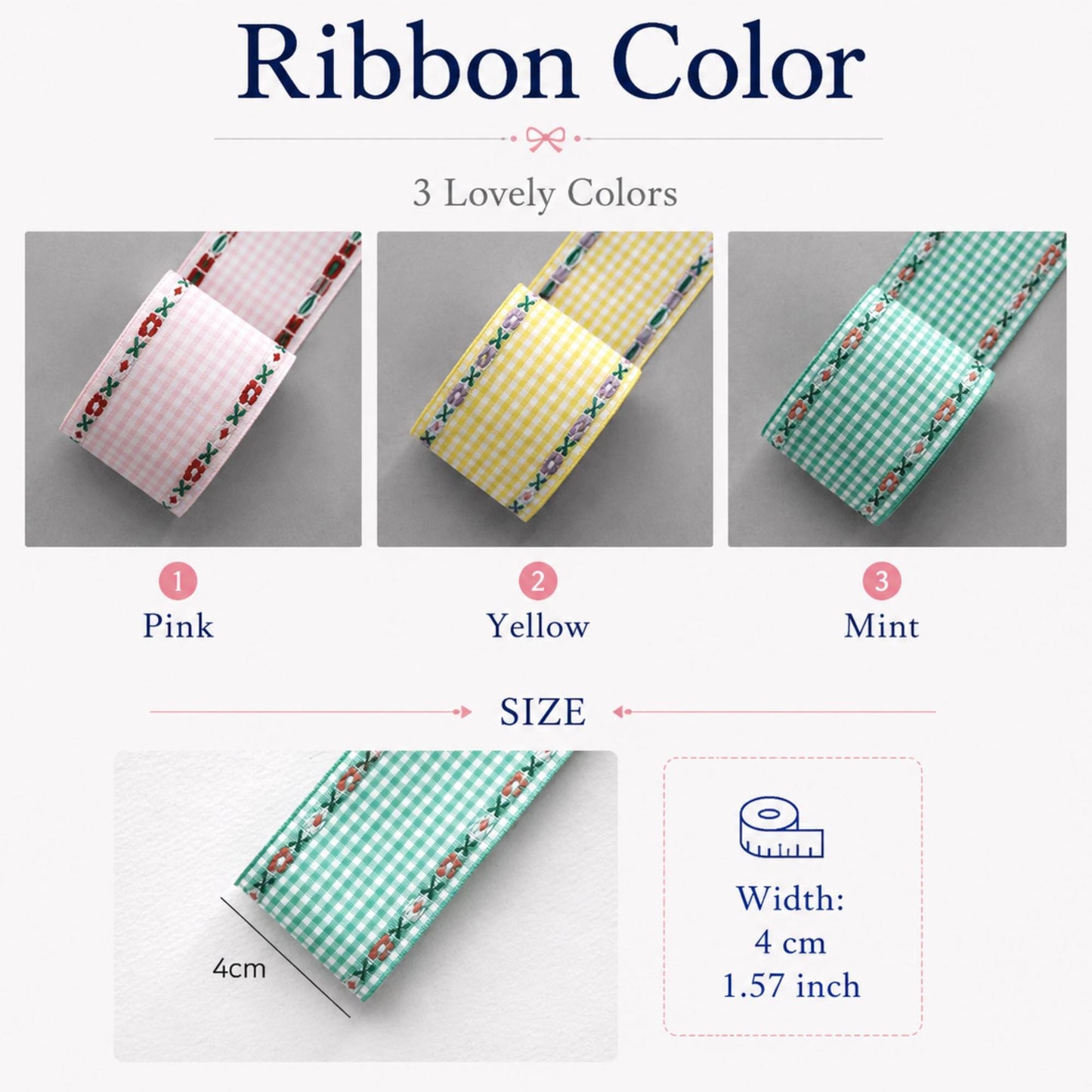 Gingham Ribbon with Floral Edge, Embroidered Check Ribbon 1.57 Inch, 5 Yards